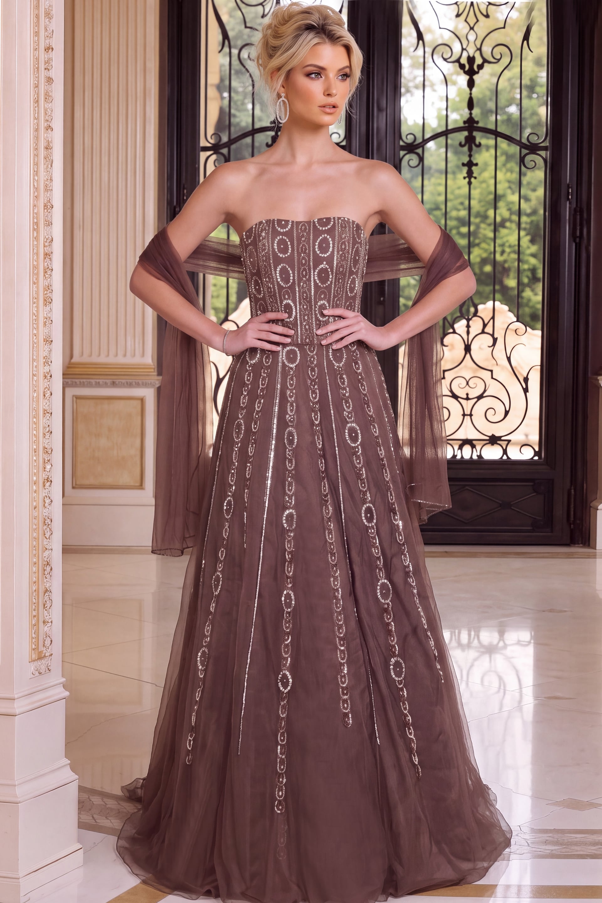 Cocoa tulle A line gown with beaded corset bodice and sheer wrap over the arms