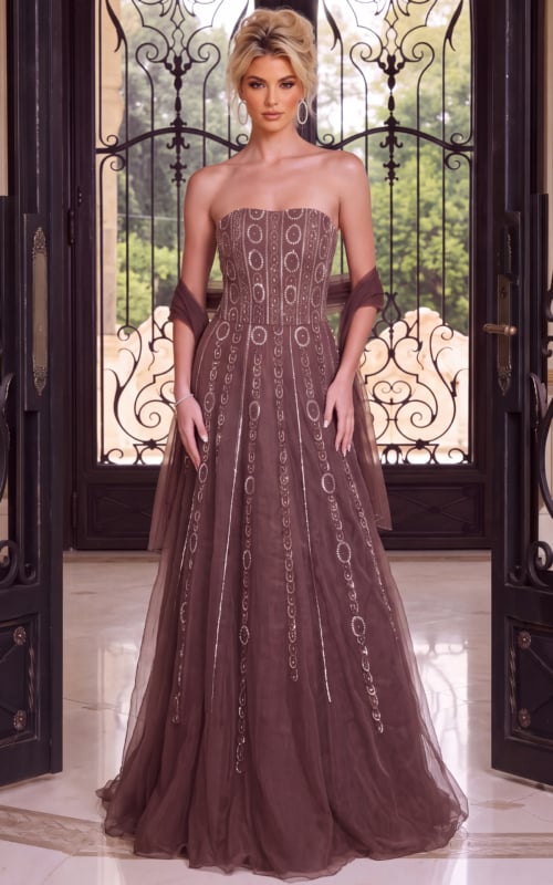 Strapless mauve tulle ball gown with beaded medallion stripes and a matching sheer stole