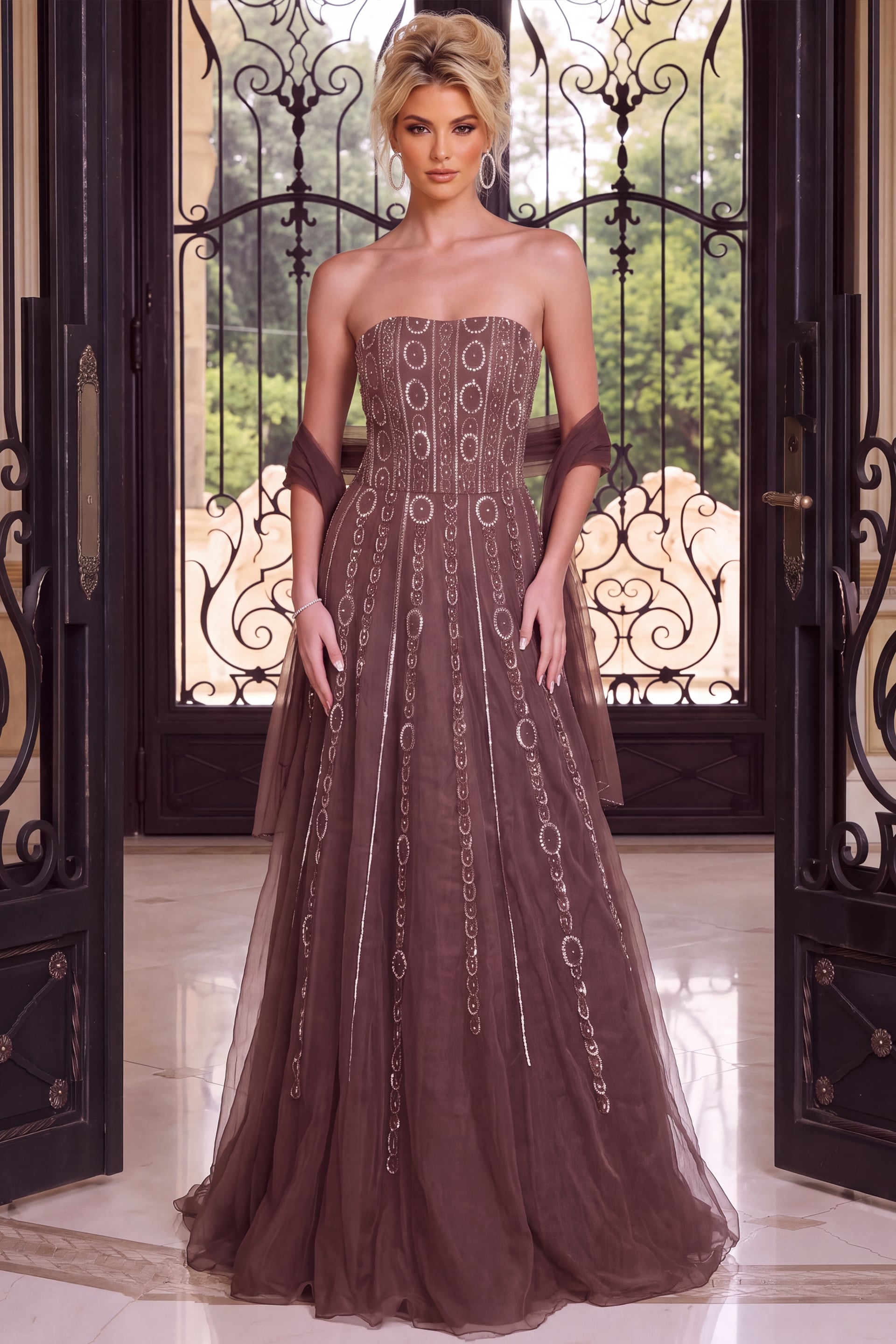 Strapless mauve tulle ball gown with beaded medallion stripes and a matching sheer stole