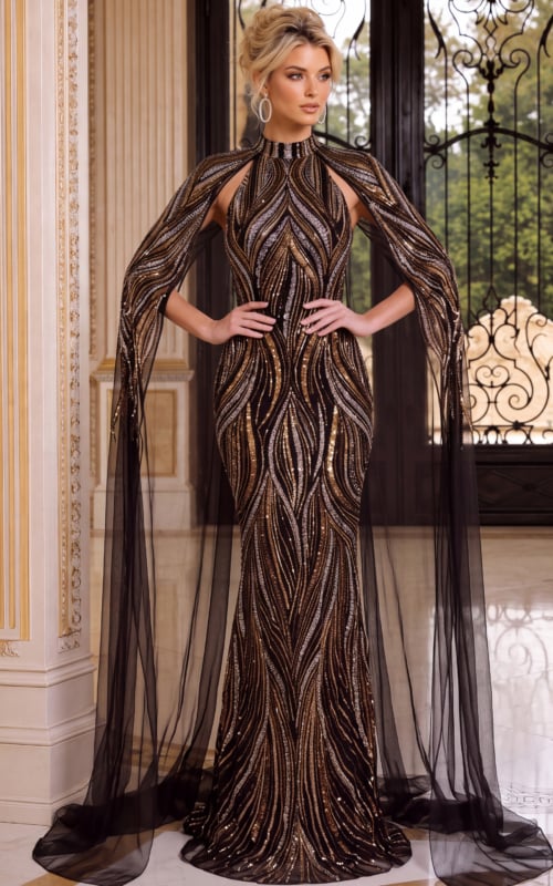High neck bronze sequin mermaid gown with shoulder keyholes and floor length tulle cape sleeves.