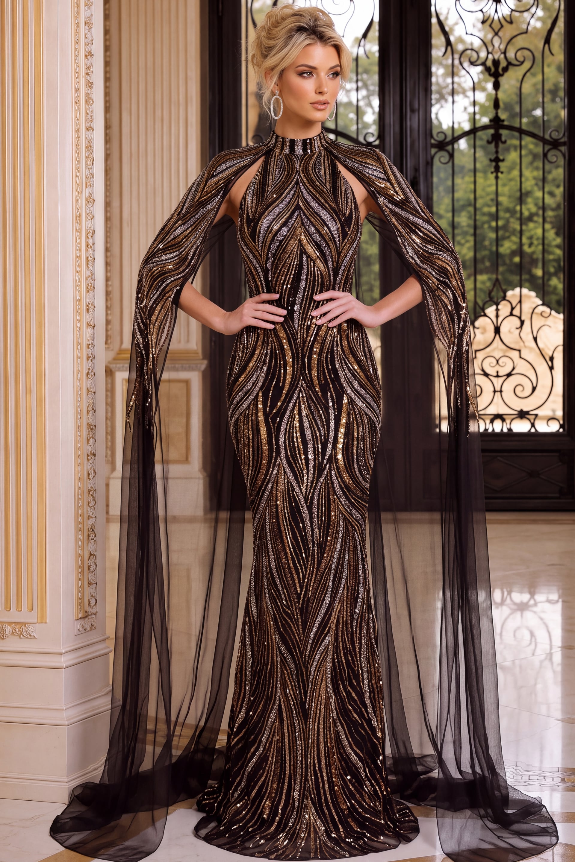 High neck bronze sequin mermaid gown with shoulder keyholes and floor length tulle cape sleeves.