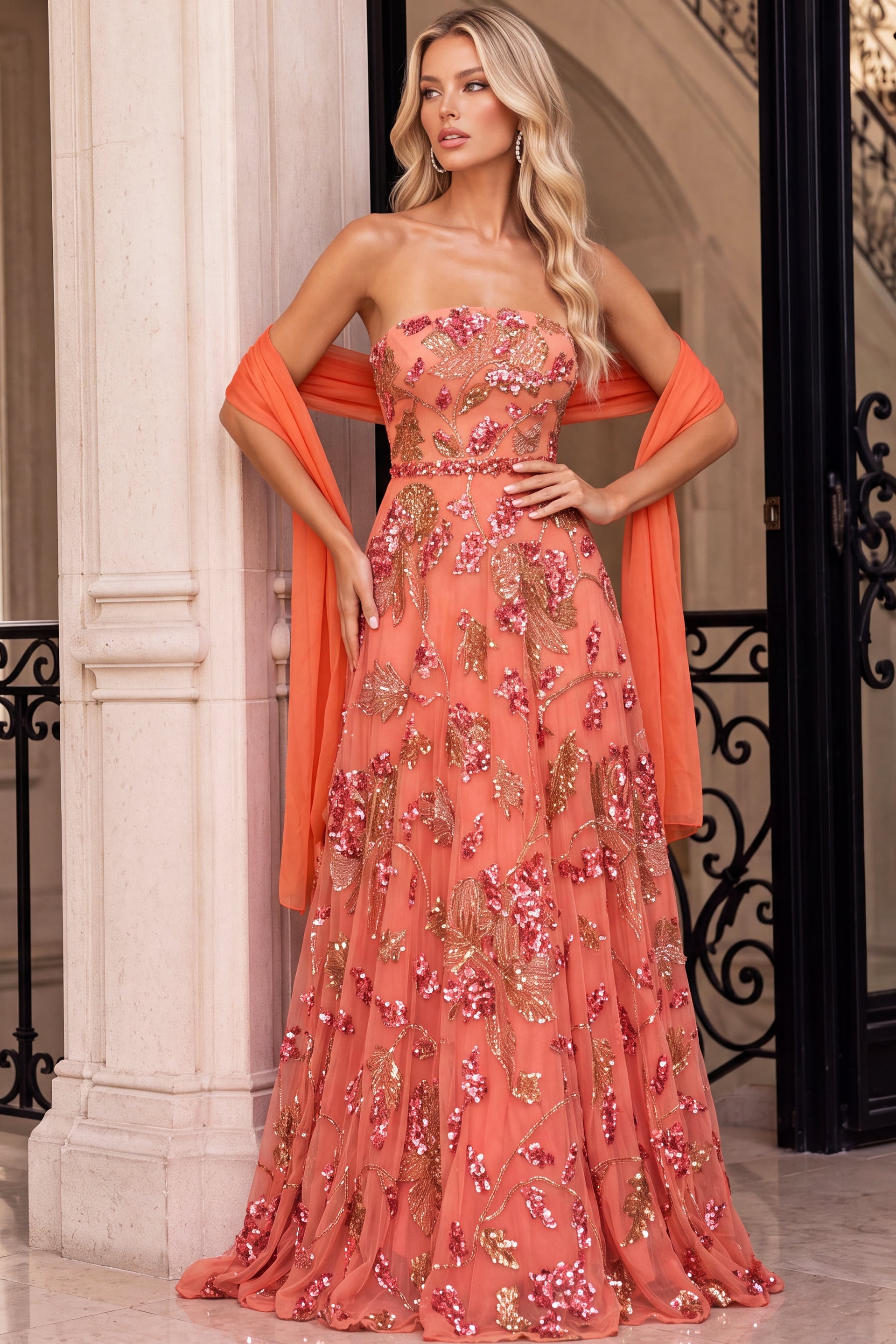 Coral strapless gown with red and gold floral sequins