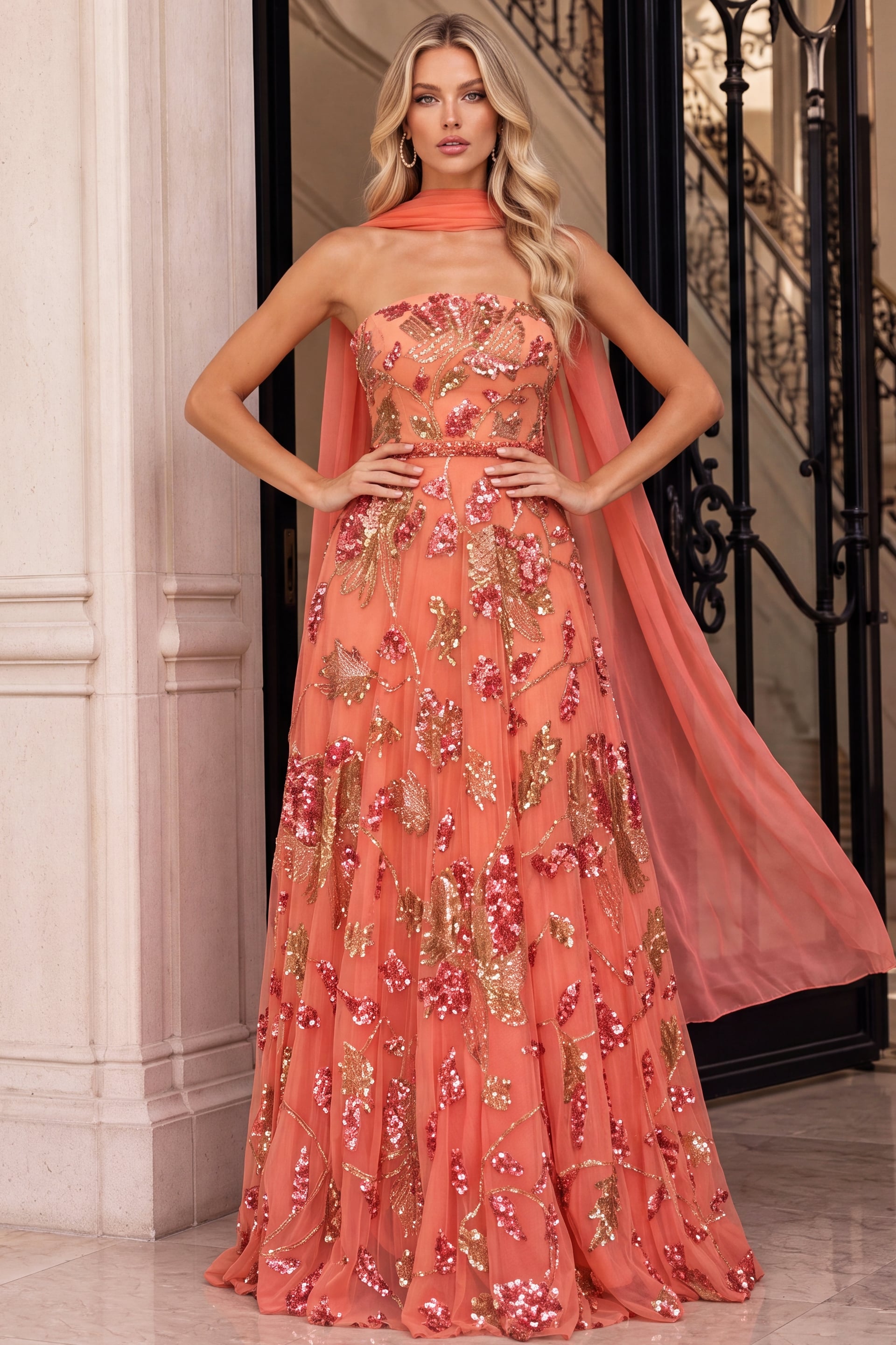 Orange evening dress with shimmering floral embroidery
