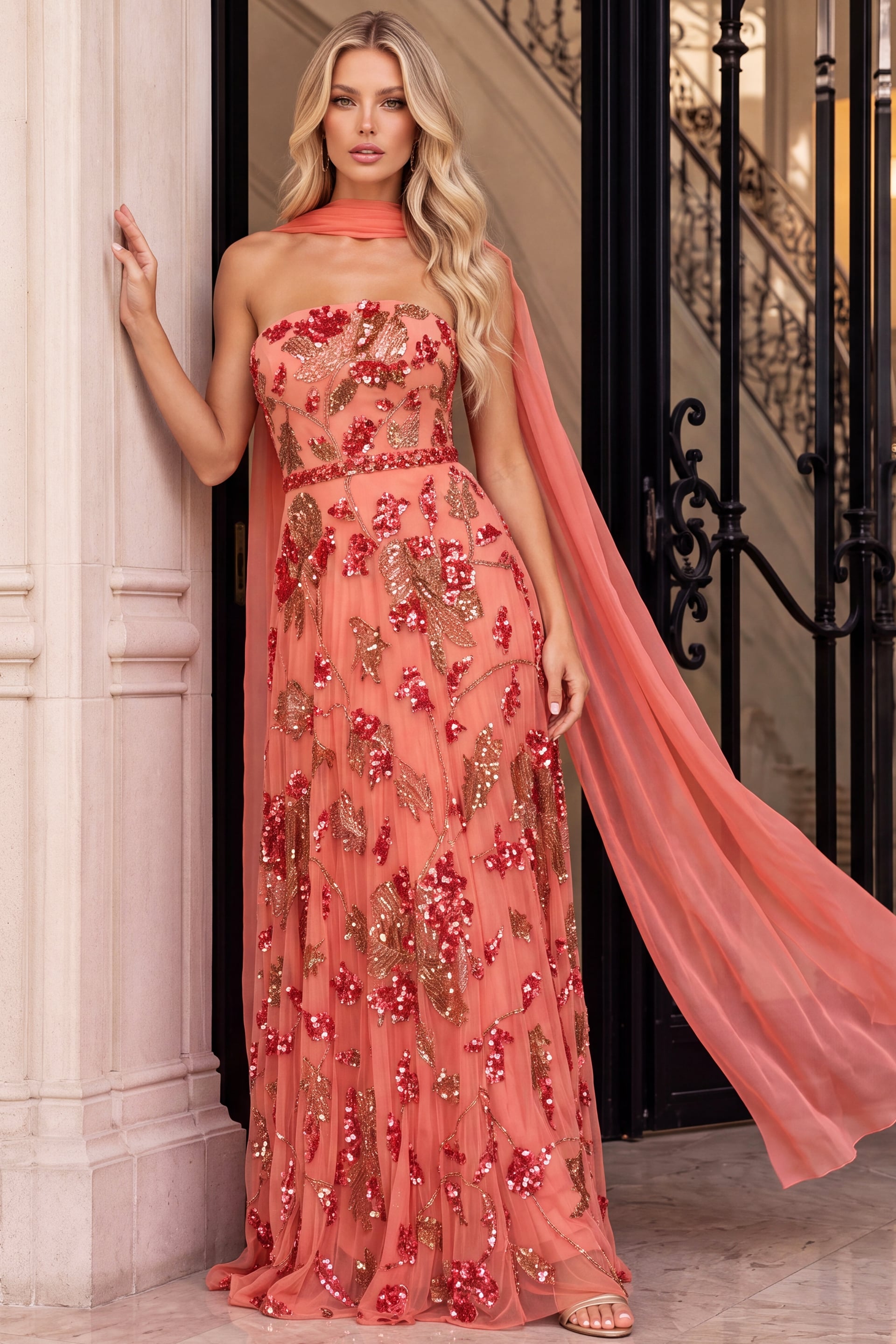 Coral formal gown with sequined flowers and flowing scarf
