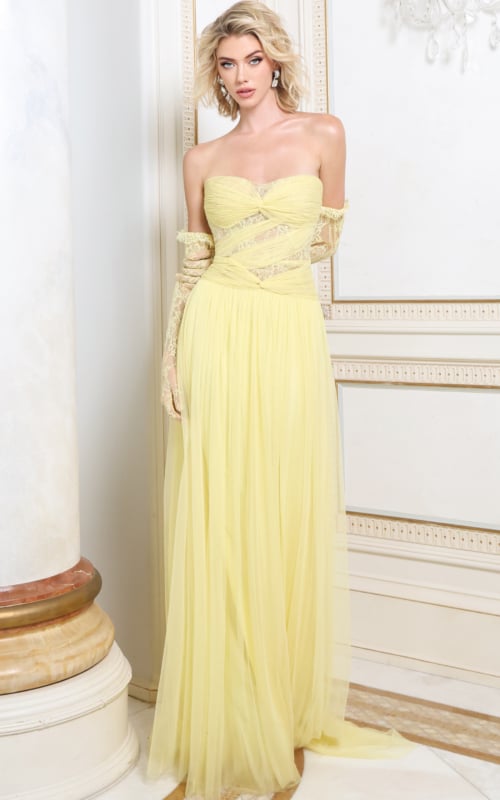 Butter yellow tulle strapless gown with ruched bodice and flowing A line skirt, front view