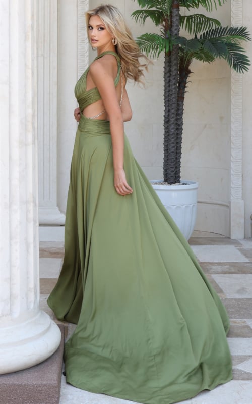 Olive satin halter gown shown from the side with flowing skirt and sweep train