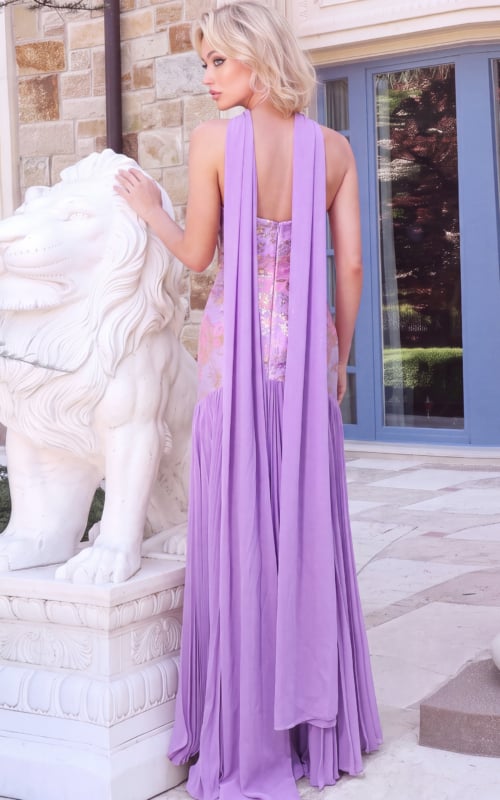 Lavender evening dress with flowing scarf and gold floral detail