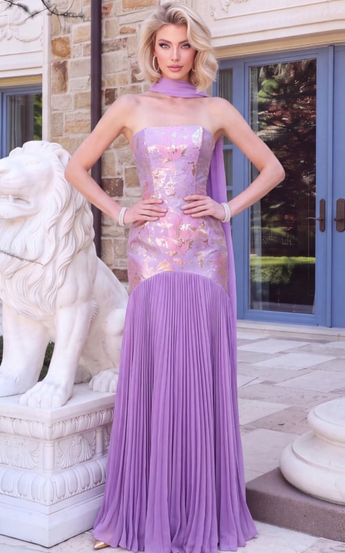 Purple formal gown with fitted brocade bodice and pleated hem
