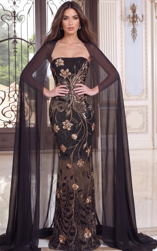 Gold floral sequin embroidery climbs a black column gown veiled by a sheer chiffon cape