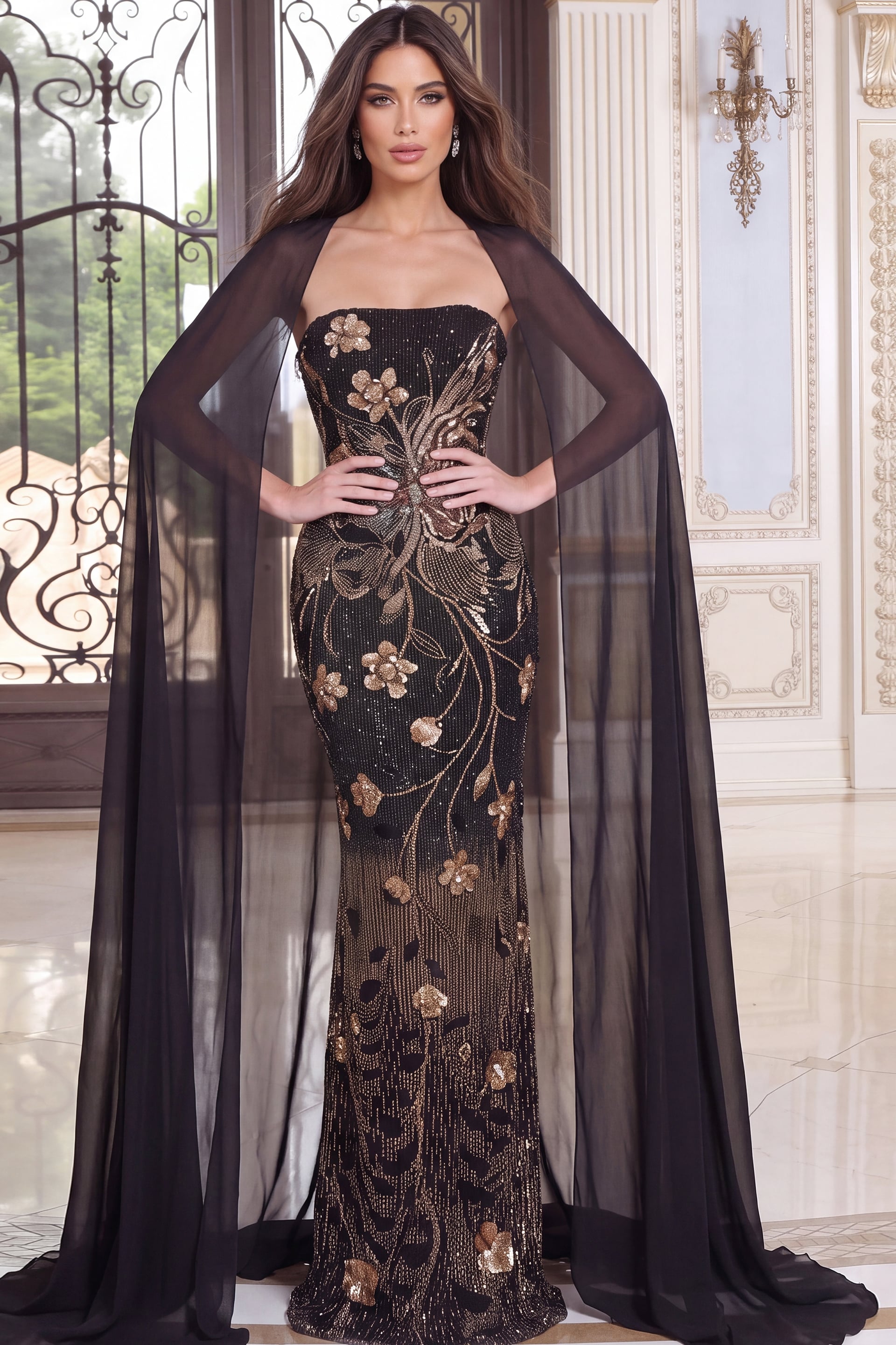 Gold floral sequin embroidery climbs a black column gown veiled by a sheer chiffon cape