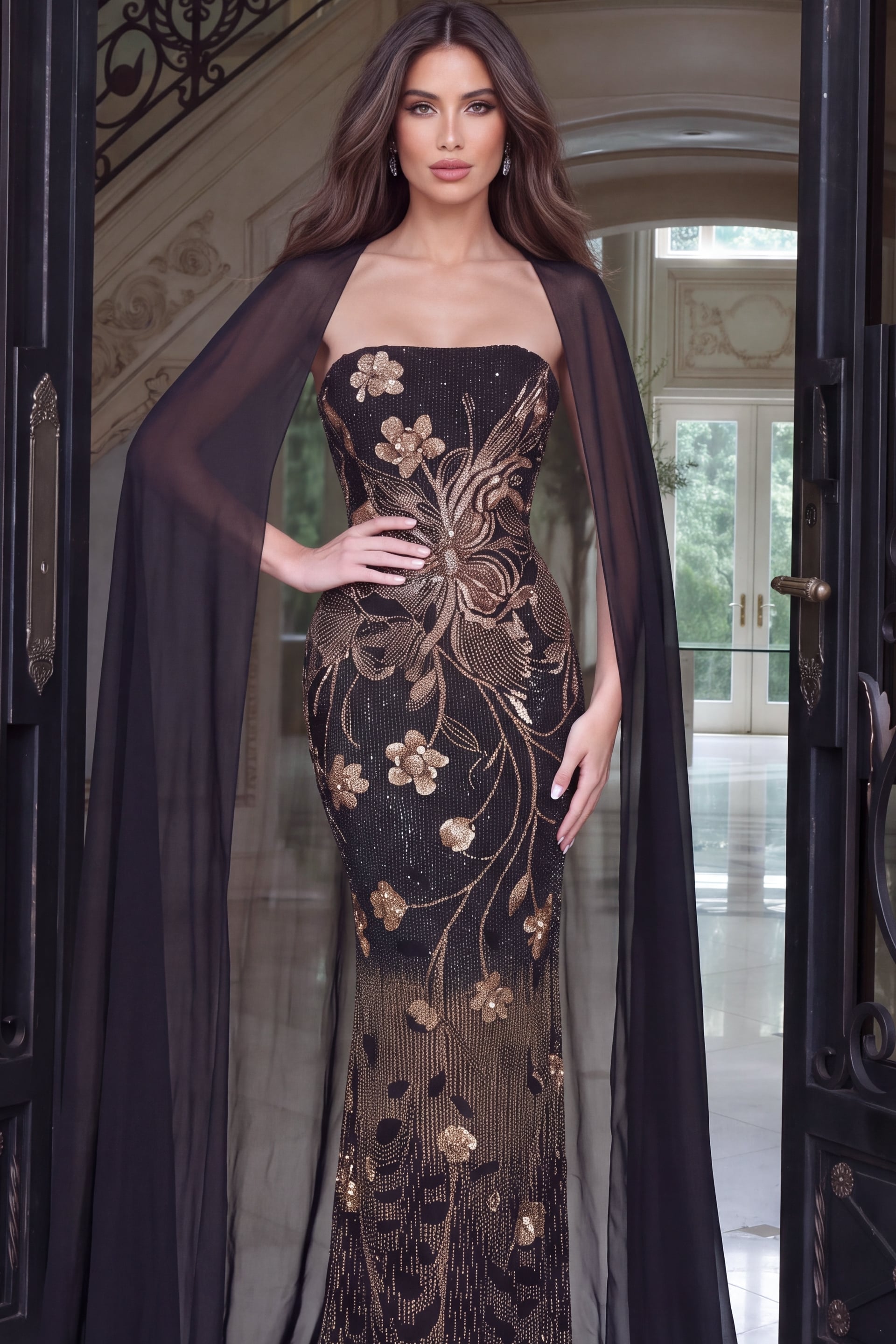 Closer three-quarter framing of a black and gold sequinned gown beneath a floor-length chiffon cape