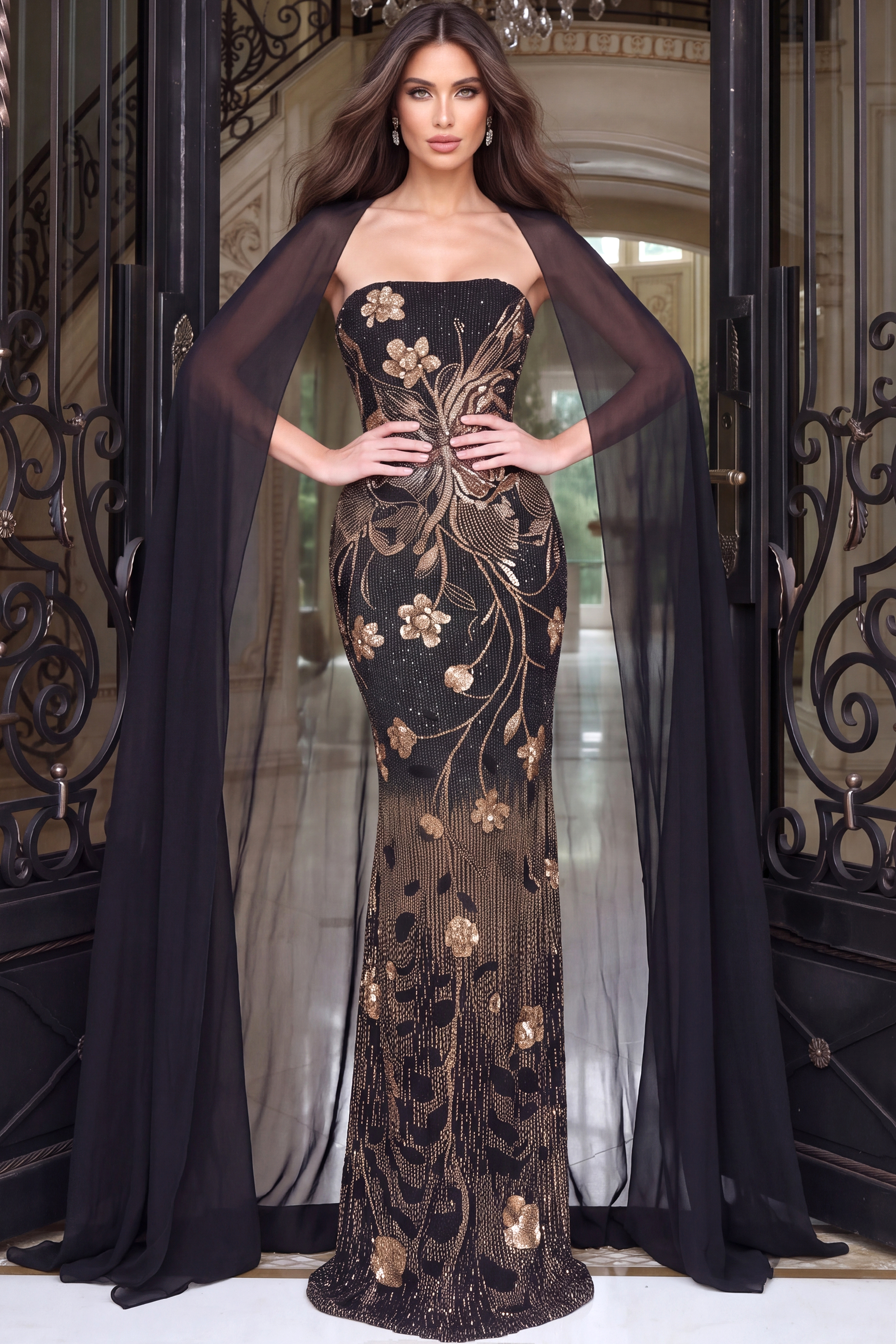 Full length black gown covered in copper sequin florals, sheer cape sweeping from the shoulders