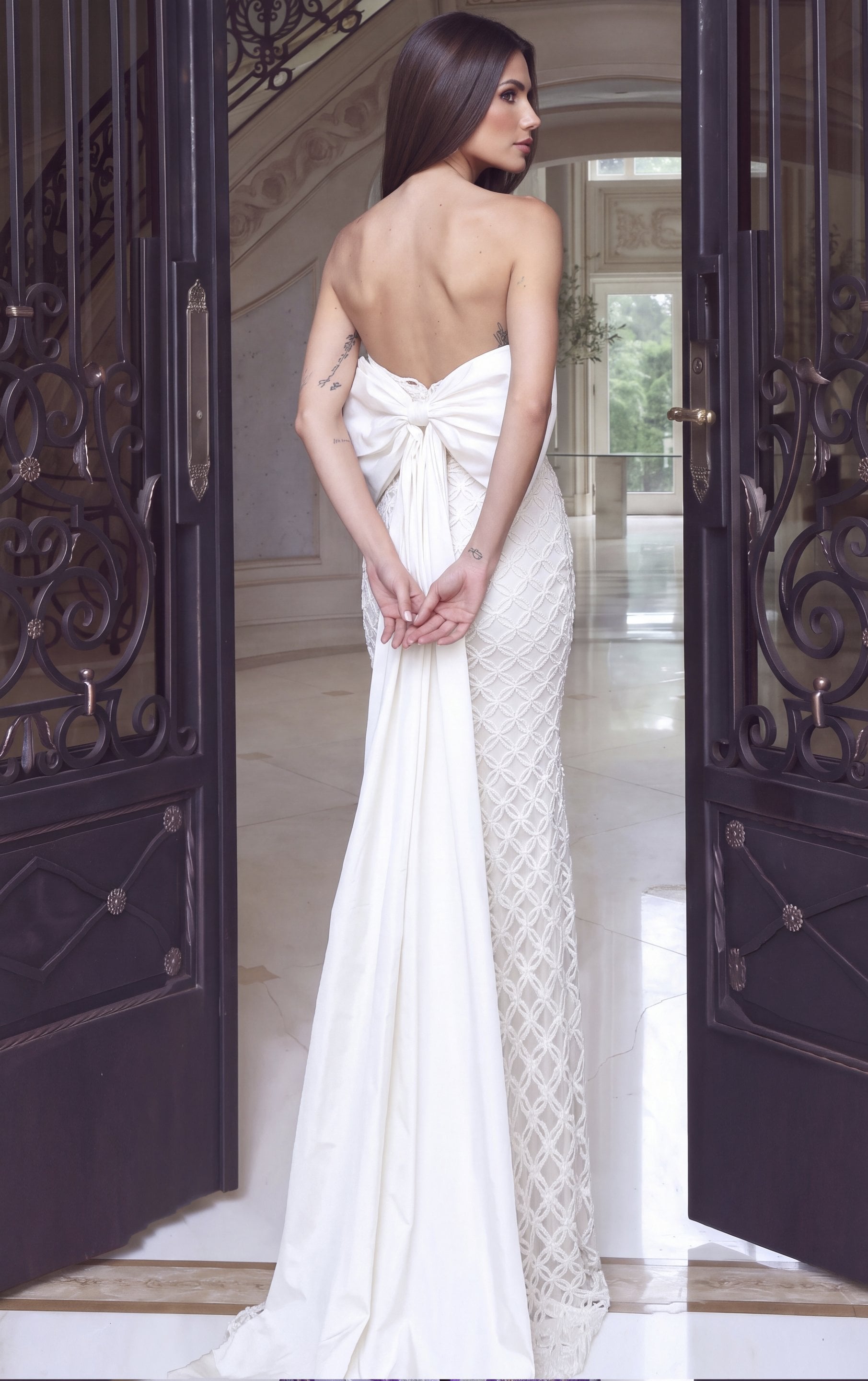 white Jovani 55058 back view, large bow