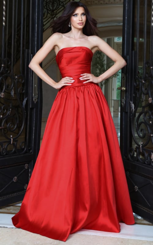 Red satin strapless ball gown with structured pleated bodice, front view