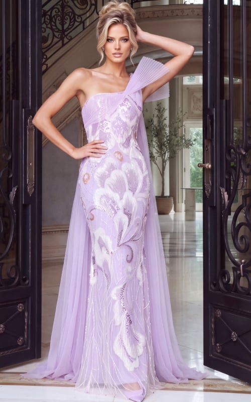 Lilac one shoulder gown with ivory sequin florals and a pleated fan detail at shoulder.