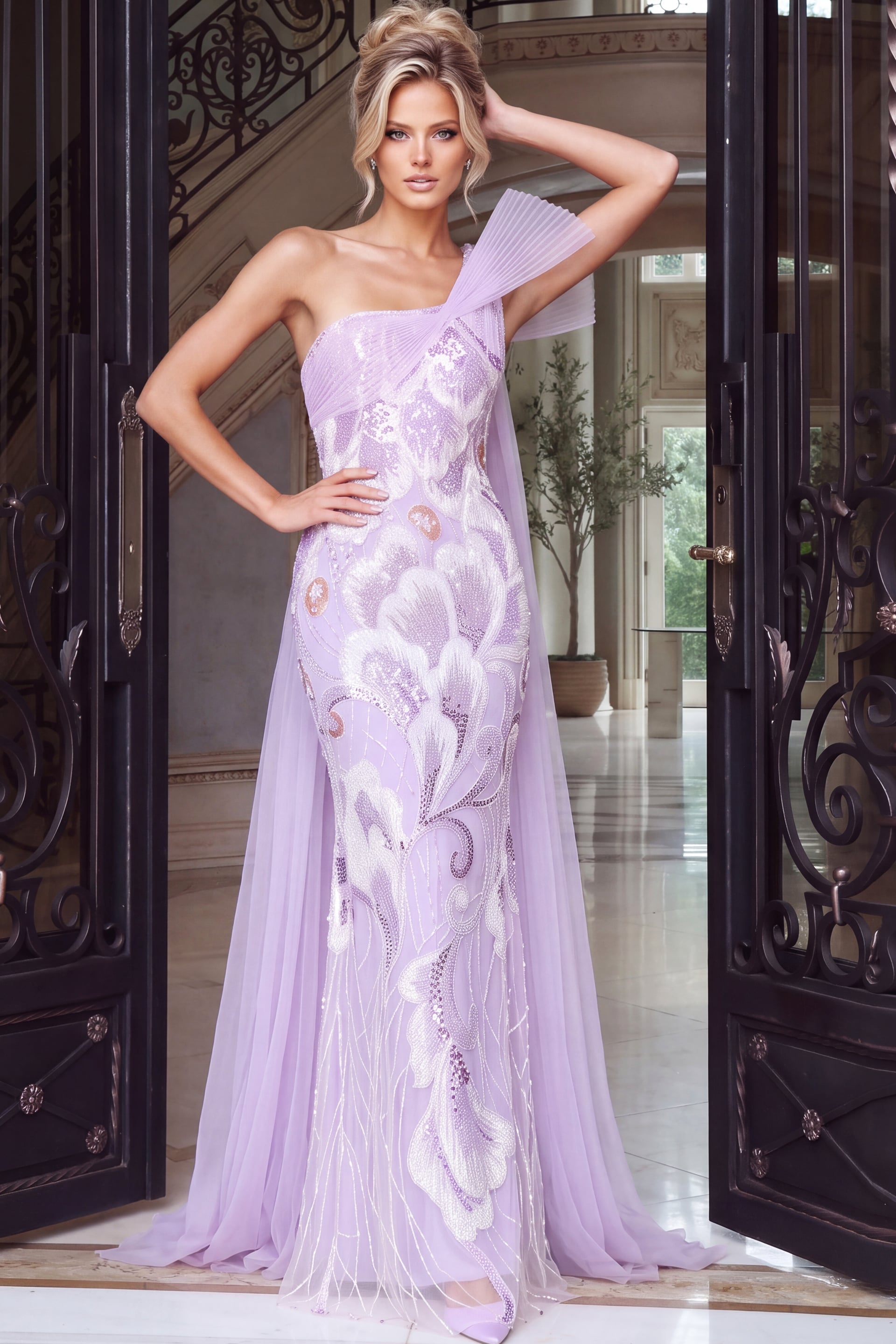 Lilac one shoulder gown with ivory sequin florals and a pleated fan detail at shoulder.
