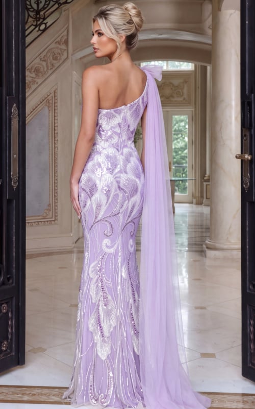 Sequinned lavender column gown viewed from the rear, showing a zip seam and cascading cape.
