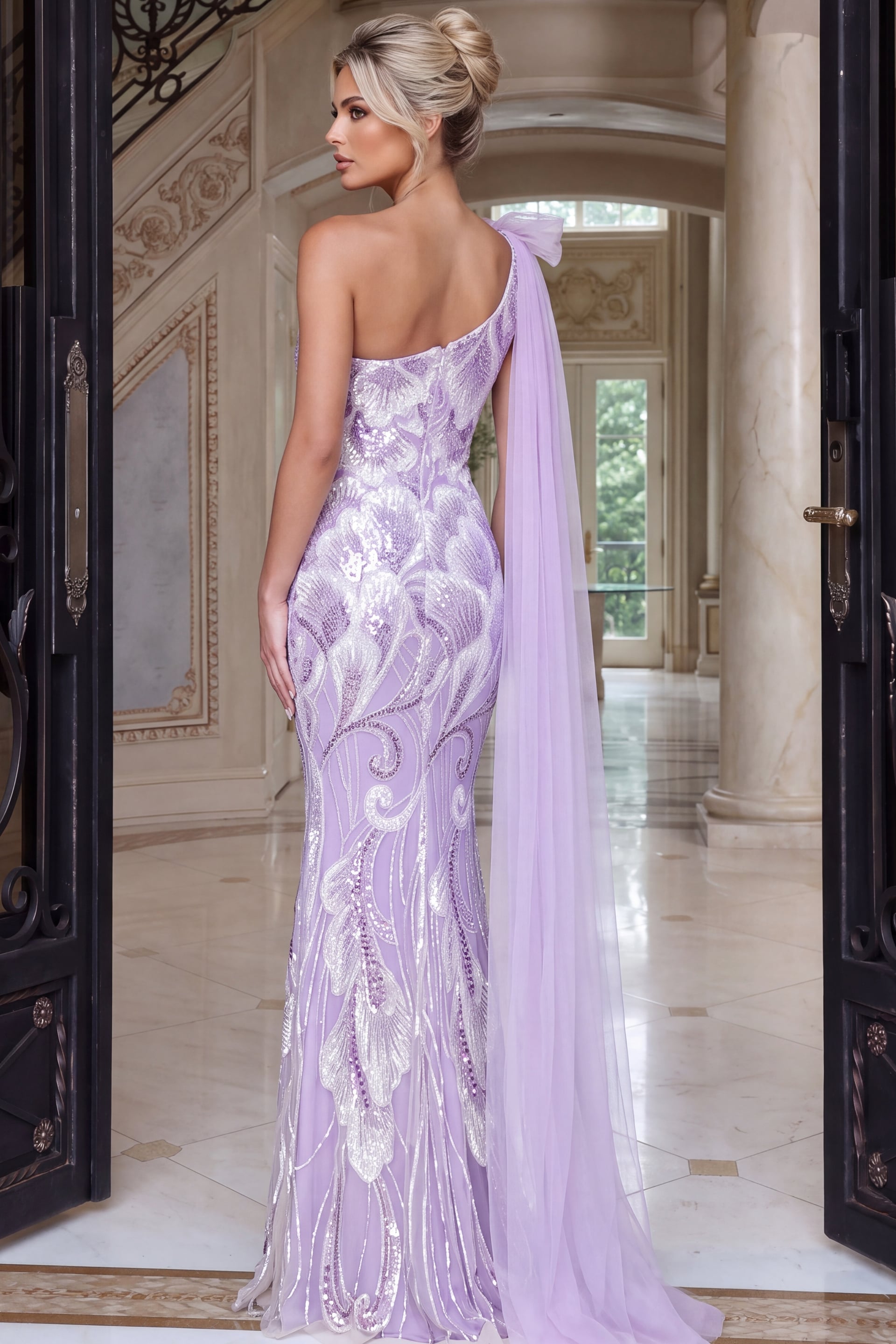 Sequinned lavender column gown viewed from the rear, showing a zip seam and cascading cape.
