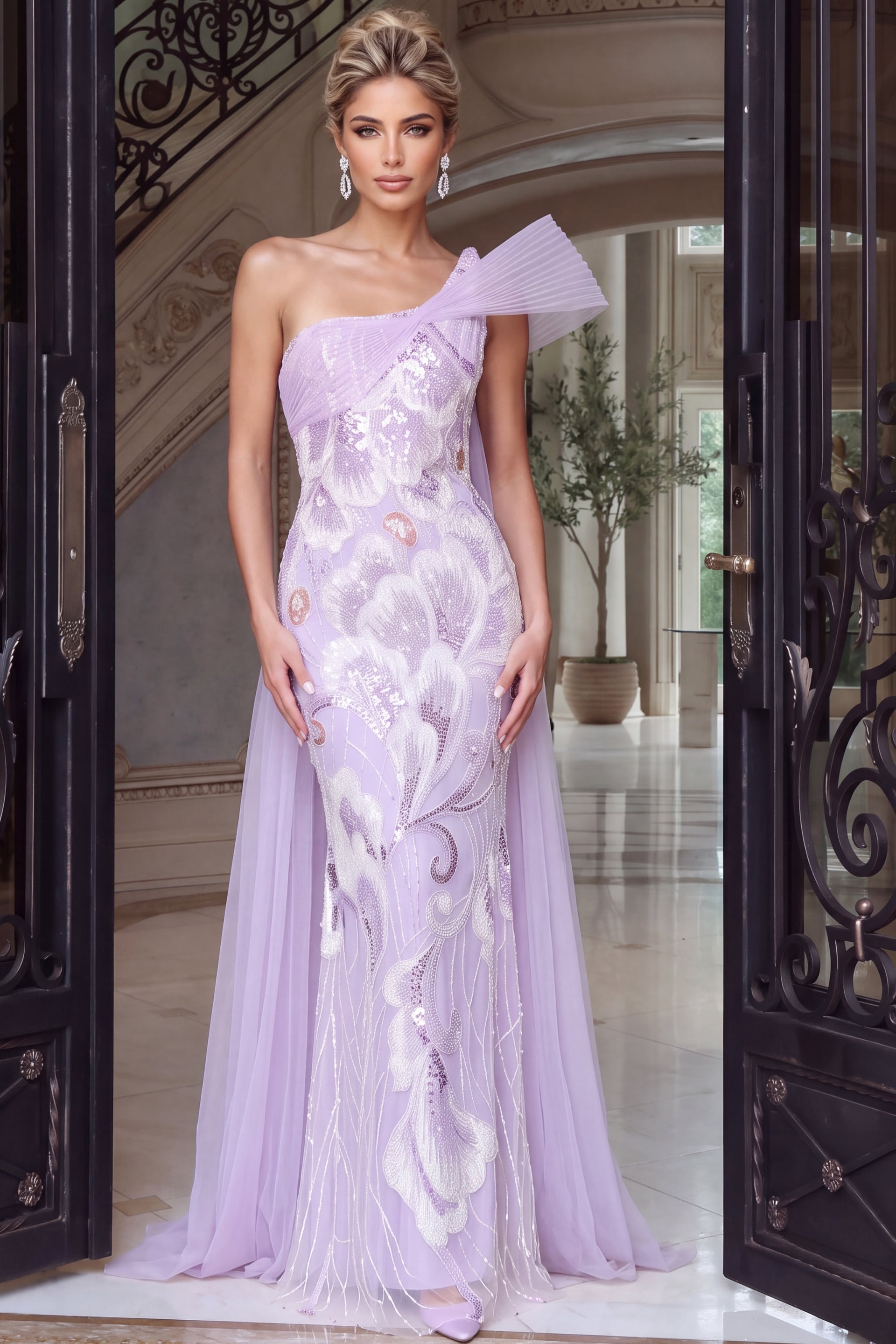 Slim lavender column gown scattered with pearlescent petal sequins beneath a sheer flowing shoulder cape.