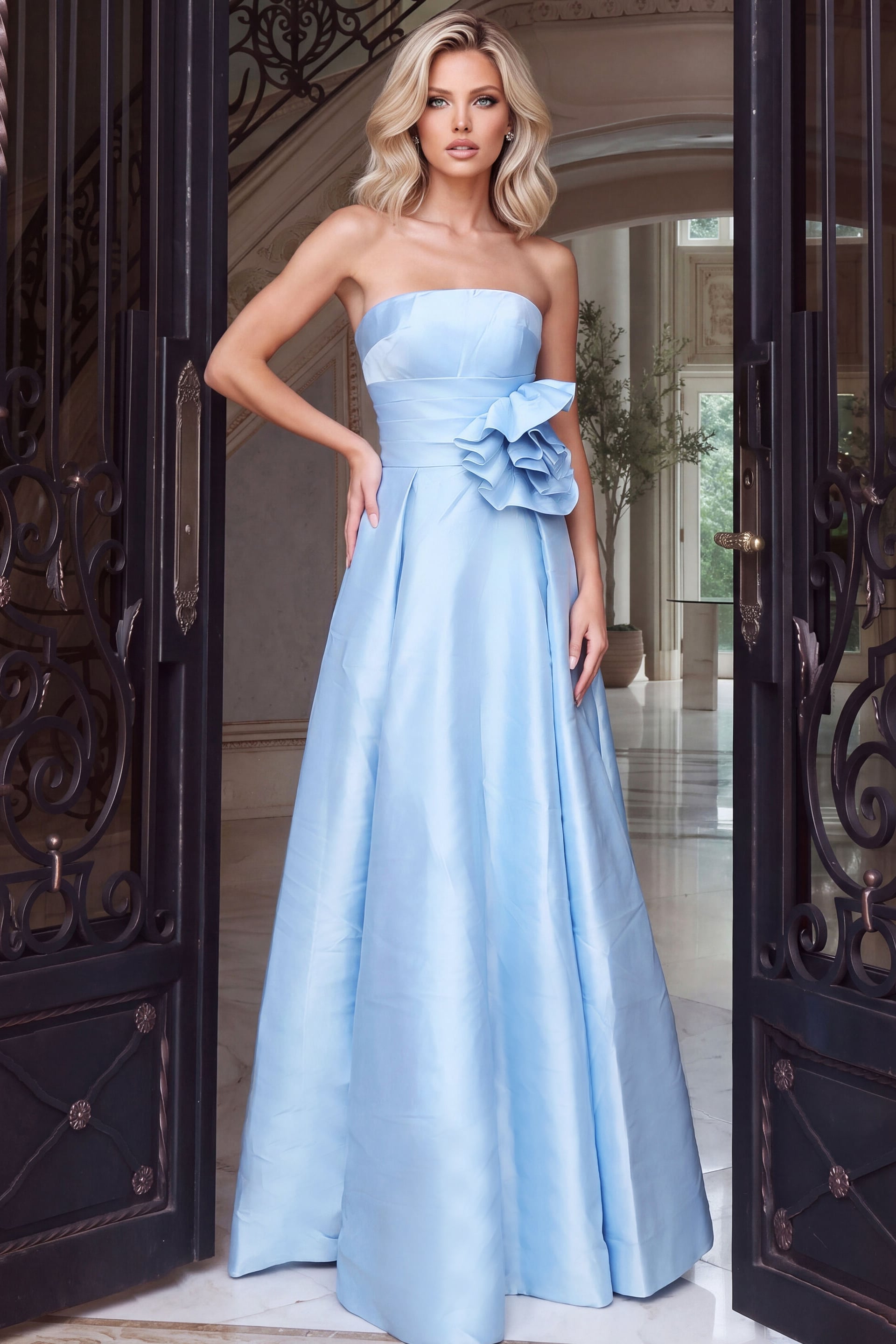 Strapless powder blue satin ball gown with a sculpted rosette at the waist and full pleated skirt
