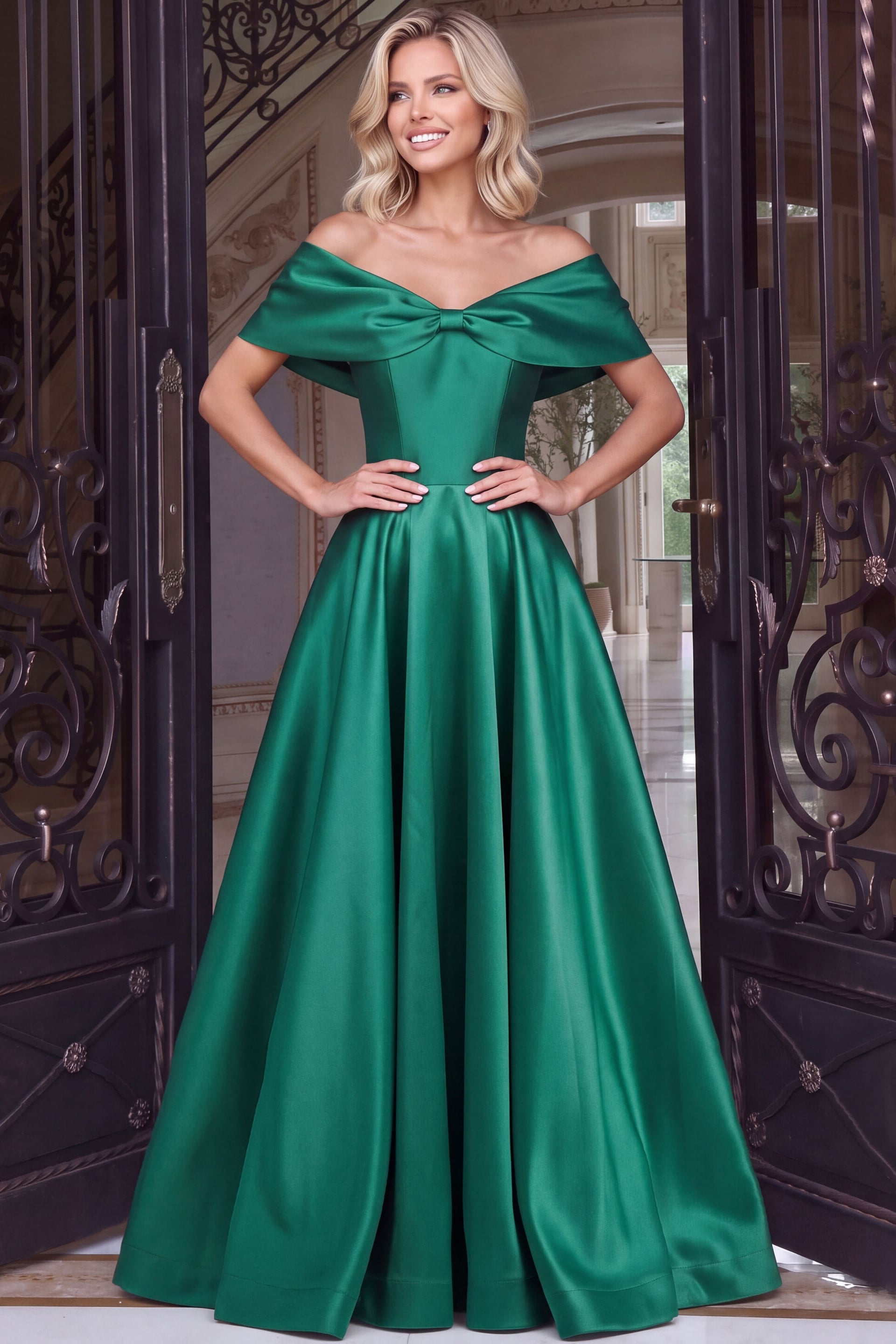 Off-the-shoulder emerald satin ball gown with folded bow bodice and full floor-length skirt