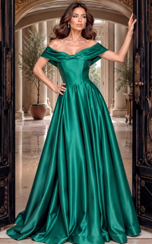 Emerald green gown with off-shoulder cuffed neckline, fitted corset waist and trained satin skirt