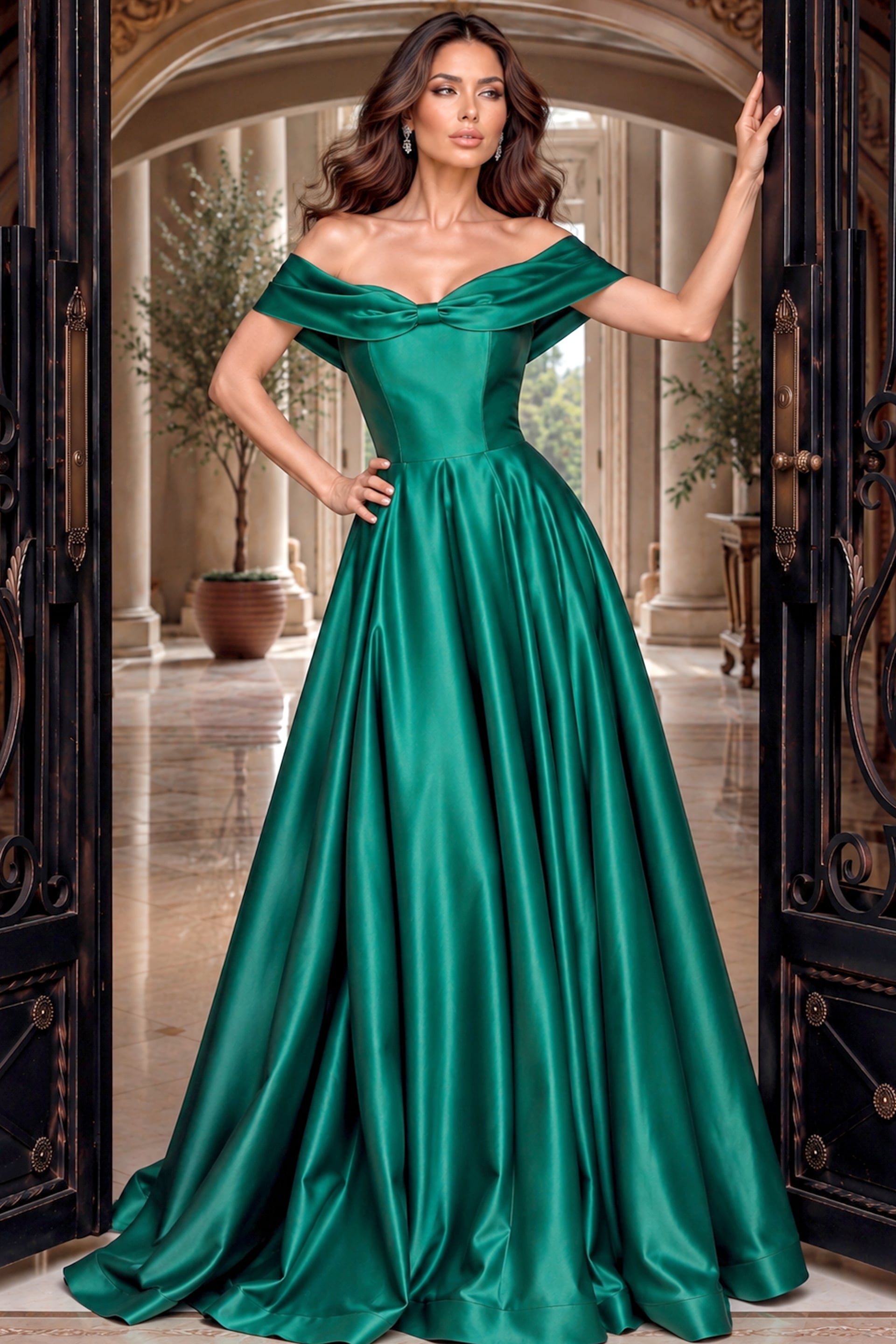 Emerald green gown with off-shoulder cuffed neckline, fitted corset waist and trained satin skirt