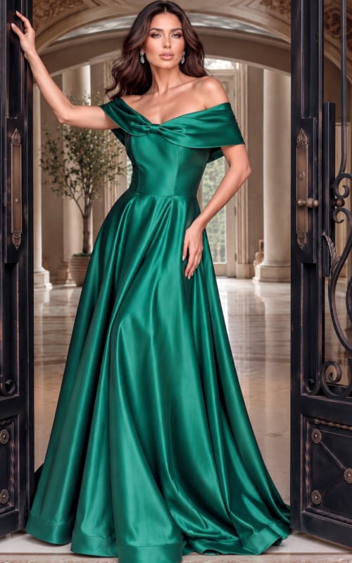 Off-shoulder band and flowing full skirt on a deep green satin gown at three-quarter view