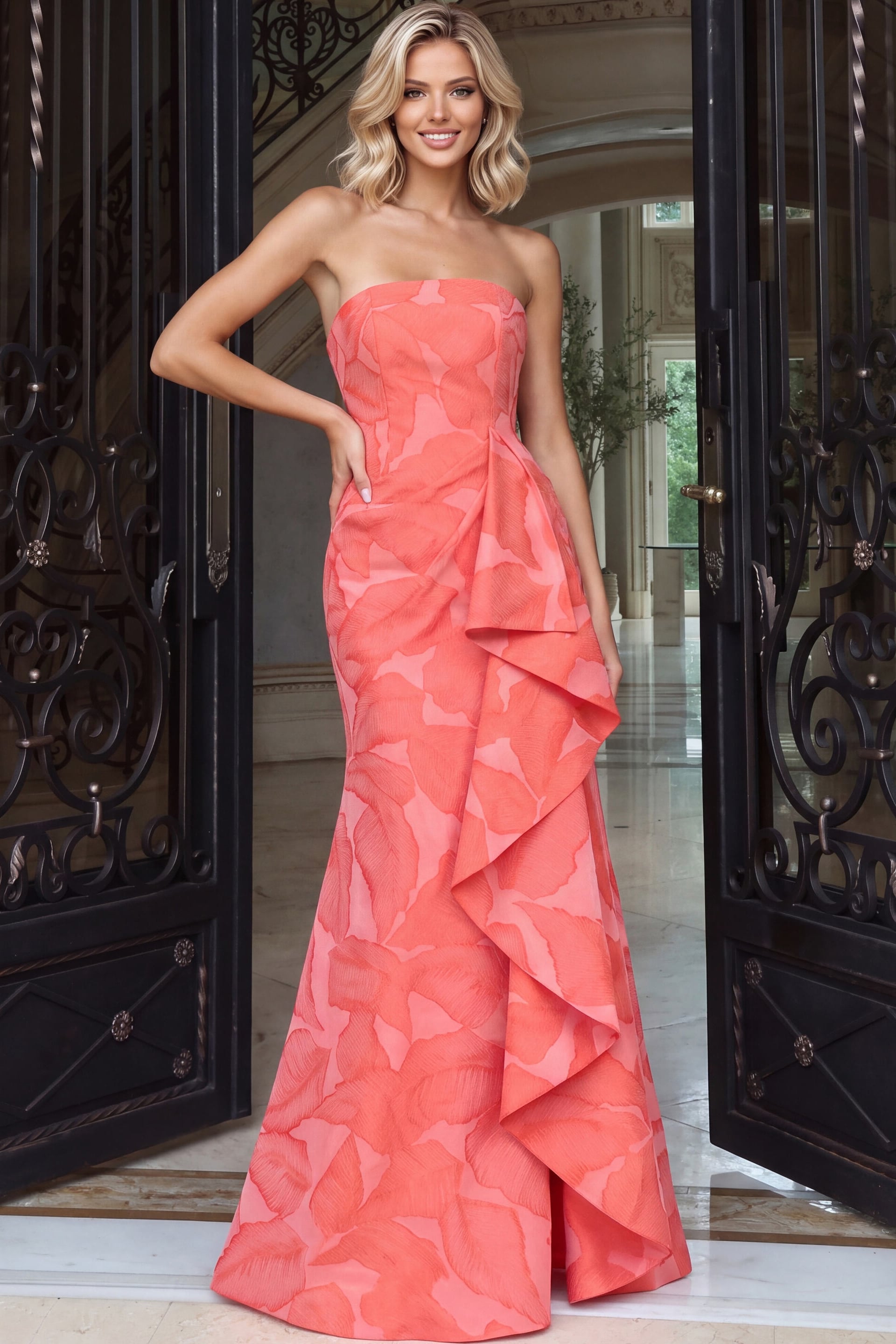 Coral floral jacquard gown with a strapless neckline and cascading ruffle down the skirt