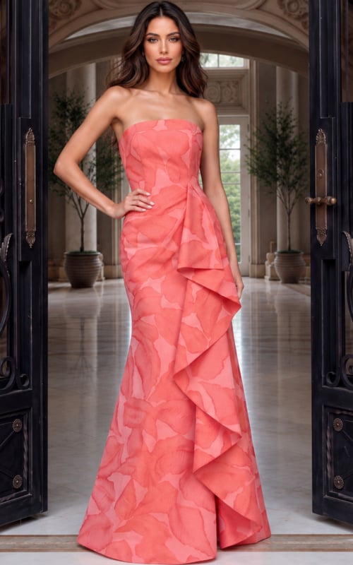 Vivid orange-coral jacquard gown with a straight strapless bodice and dramatic side ruffle