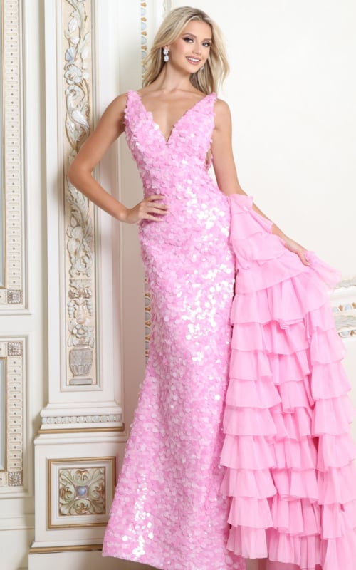 Pink sequin mermaid gown shown with the tiered ruffle overskirt, front view