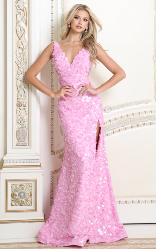 Pink iridescent sequin mermaid gown with deep V neckline and high slit, front view
