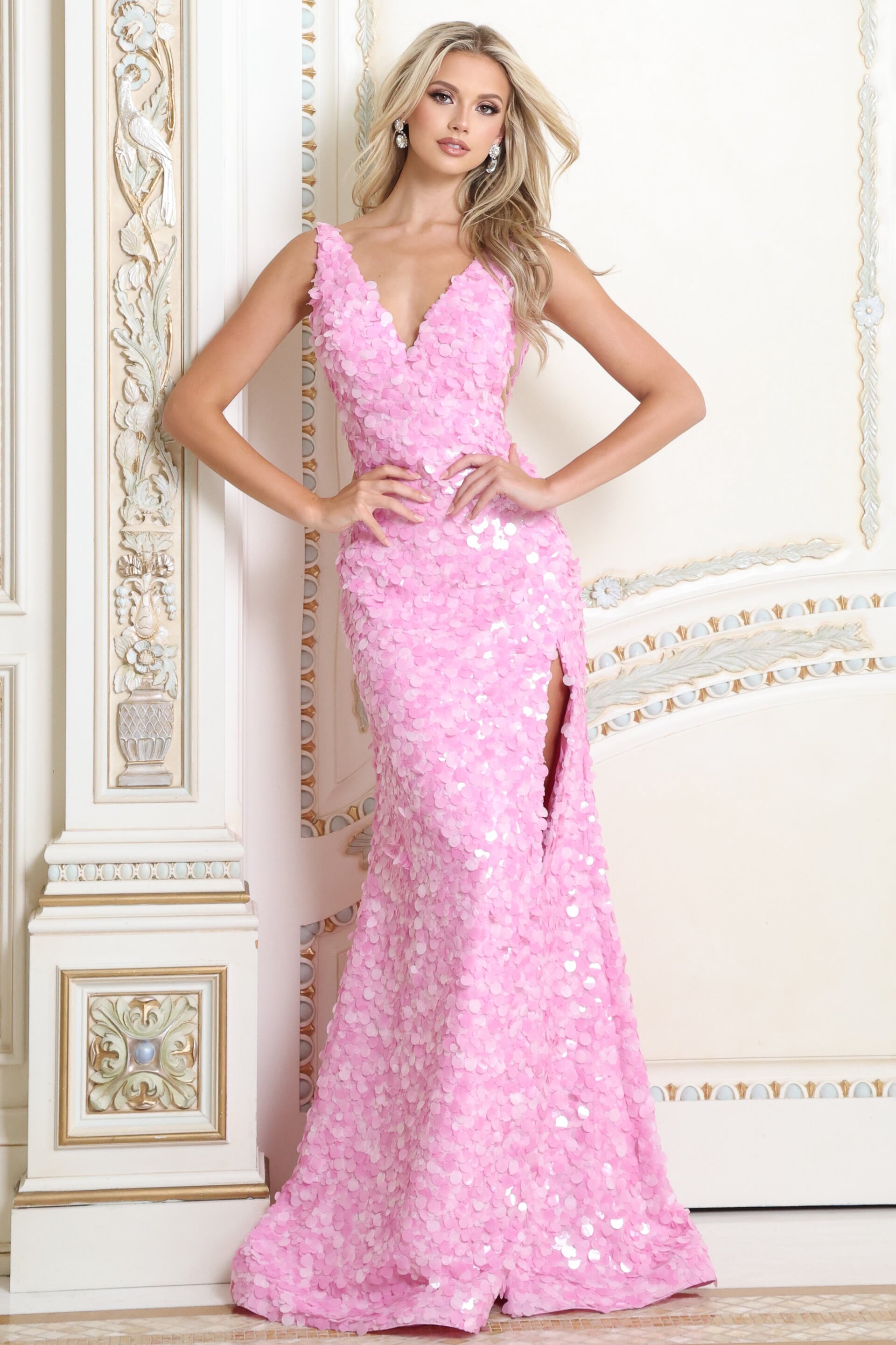 Pink iridescent sequin mermaid gown with deep V neckline and high slit, front view