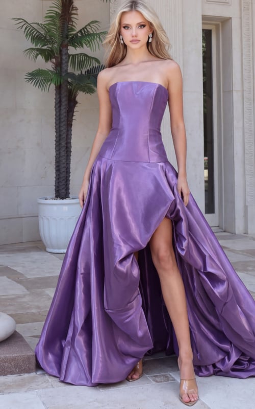 Purple taffeta strapless ball gown with corset bodice and draped skirt, front view