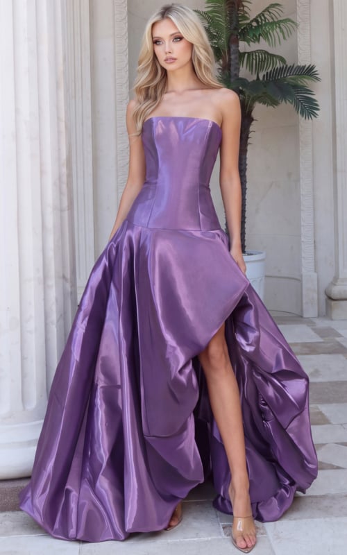 Purple taffeta ball gown showing high slit and gathered skirt drape, front view