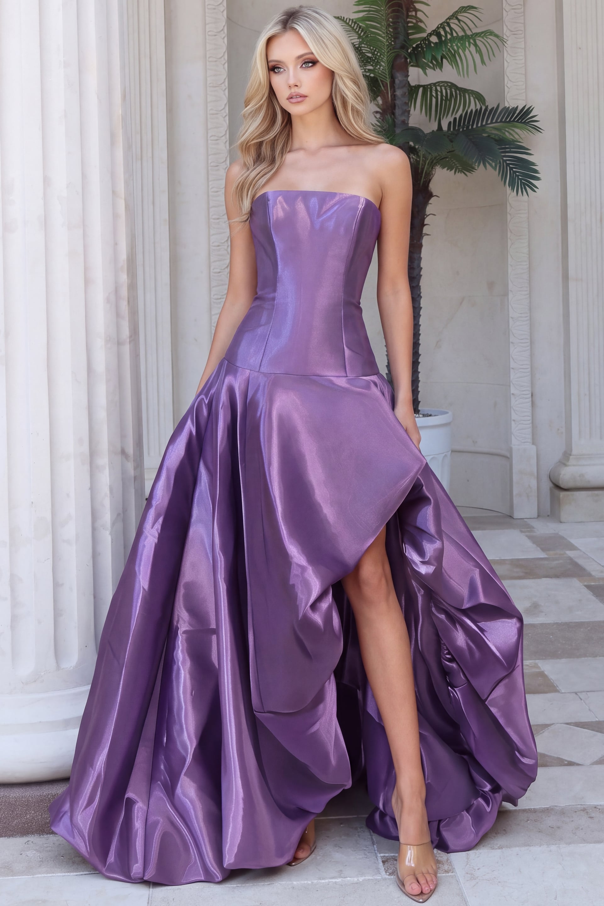 Purple taffeta ball gown showing high slit and gathered skirt drape, front view