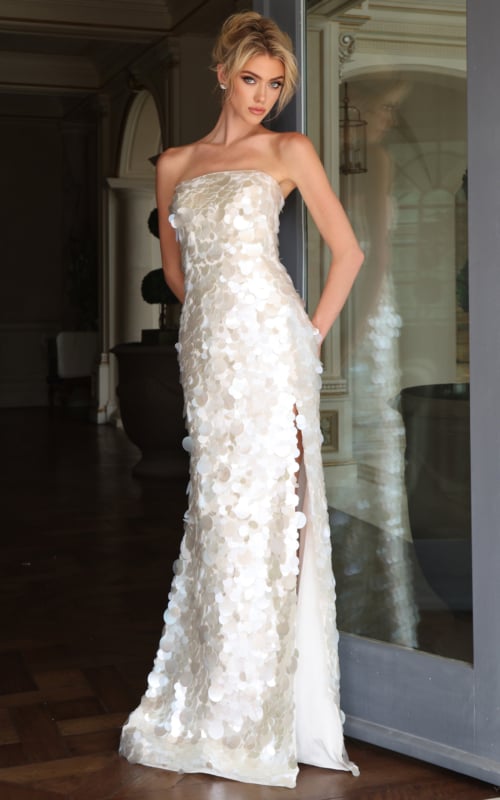 white paillette sequin column gown, strapless straight neckline with high front slit 55178