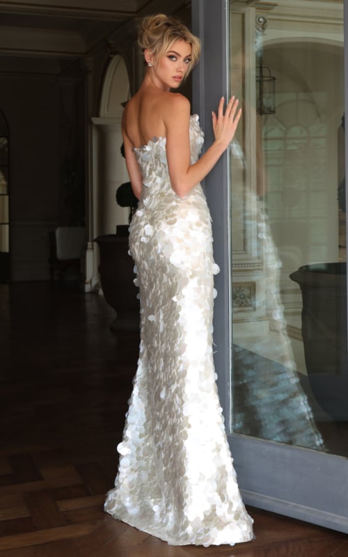 back view of white paillette sequin column gown with covered strapless back and sweep hem 55178