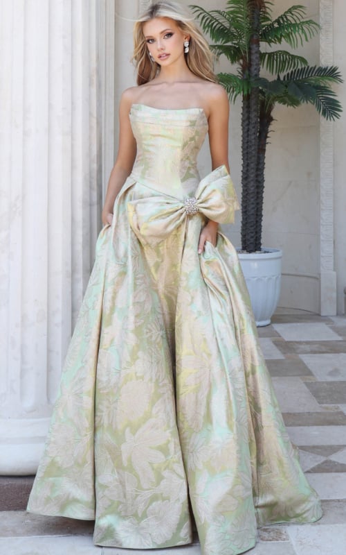 Sage and gold brocade strapless ball gown with corset bodice and oversized waist bow, front view