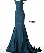 Model wearing Jovani 55187 peacock green dress