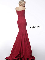 Model wearing Jovani 55187 red dress from back