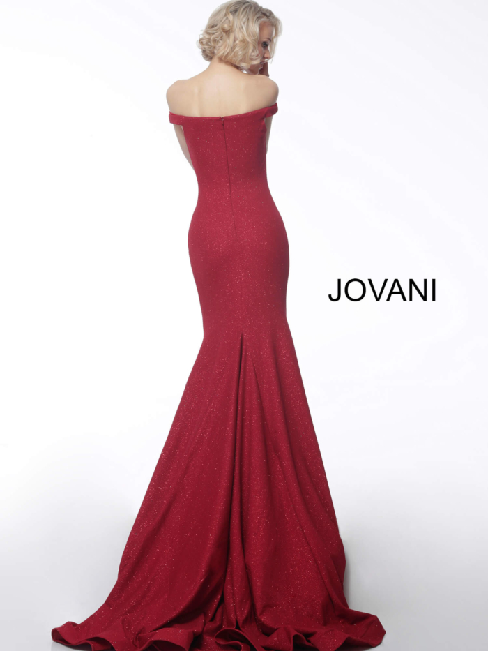 Model wearing Jovani 55187 red dress from back