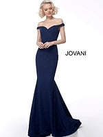 Model wearing Jovani 55187 navy dress front view