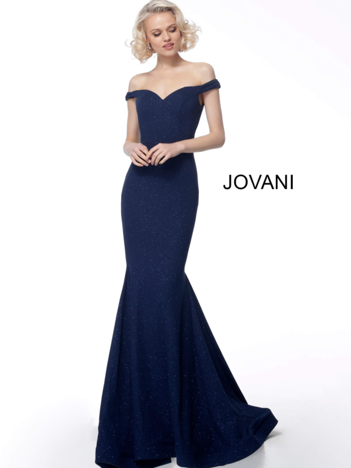 Model wearing Jovani 55187 navy dress front view