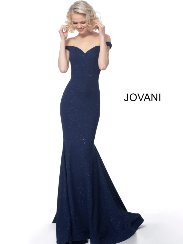 Model wearing Jovani 55187 navy dress