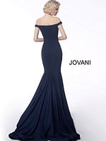 Model wearing Jovani 55187 navy dress from back
