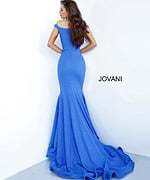 Model wearing Jovani 55187 royal dress front