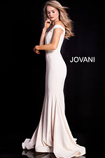 Model wearing Jovani 55187 white dress back view