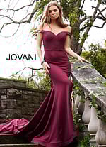 Model wearing Jovani 55187 burgundy dress