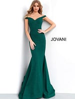 Model wearing Jovani 55187 hunter green dress front view